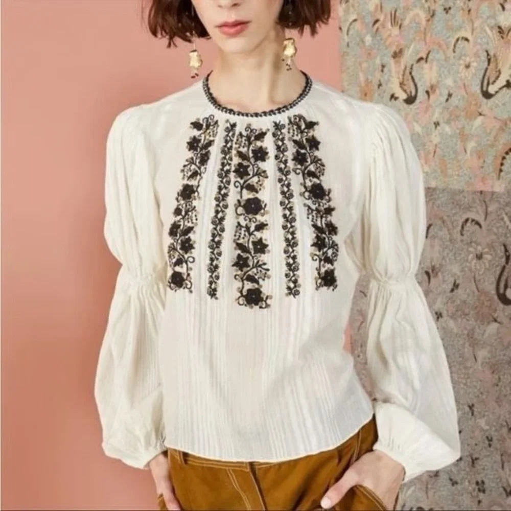 Ulla Johnson Vida Embroidered Puff Sleeve Cotton Blouse Size 8